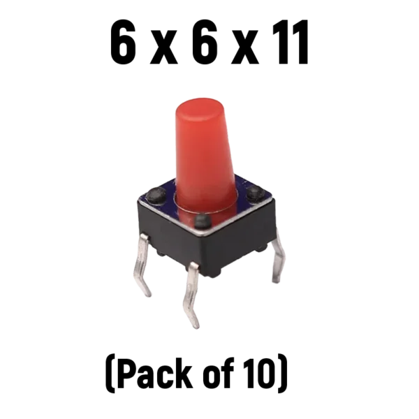 6x6x11mm Tactile 4 Pin RED Push Button Switch (Pack of 10)