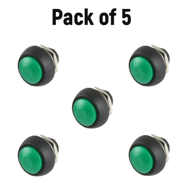 Green Waterproof Push Button PBS- 33B 12MM 2PIN Self-Reset Mini Round (Pack of 5) Best Quality